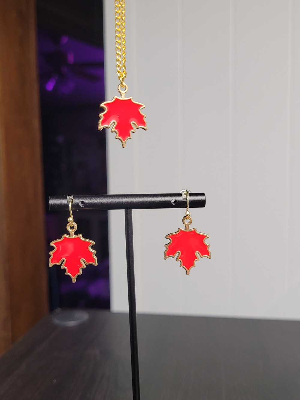 Hand Crafted Gold-Plated Necklace and Earrings with Red Maple Leaf Charms NWT
